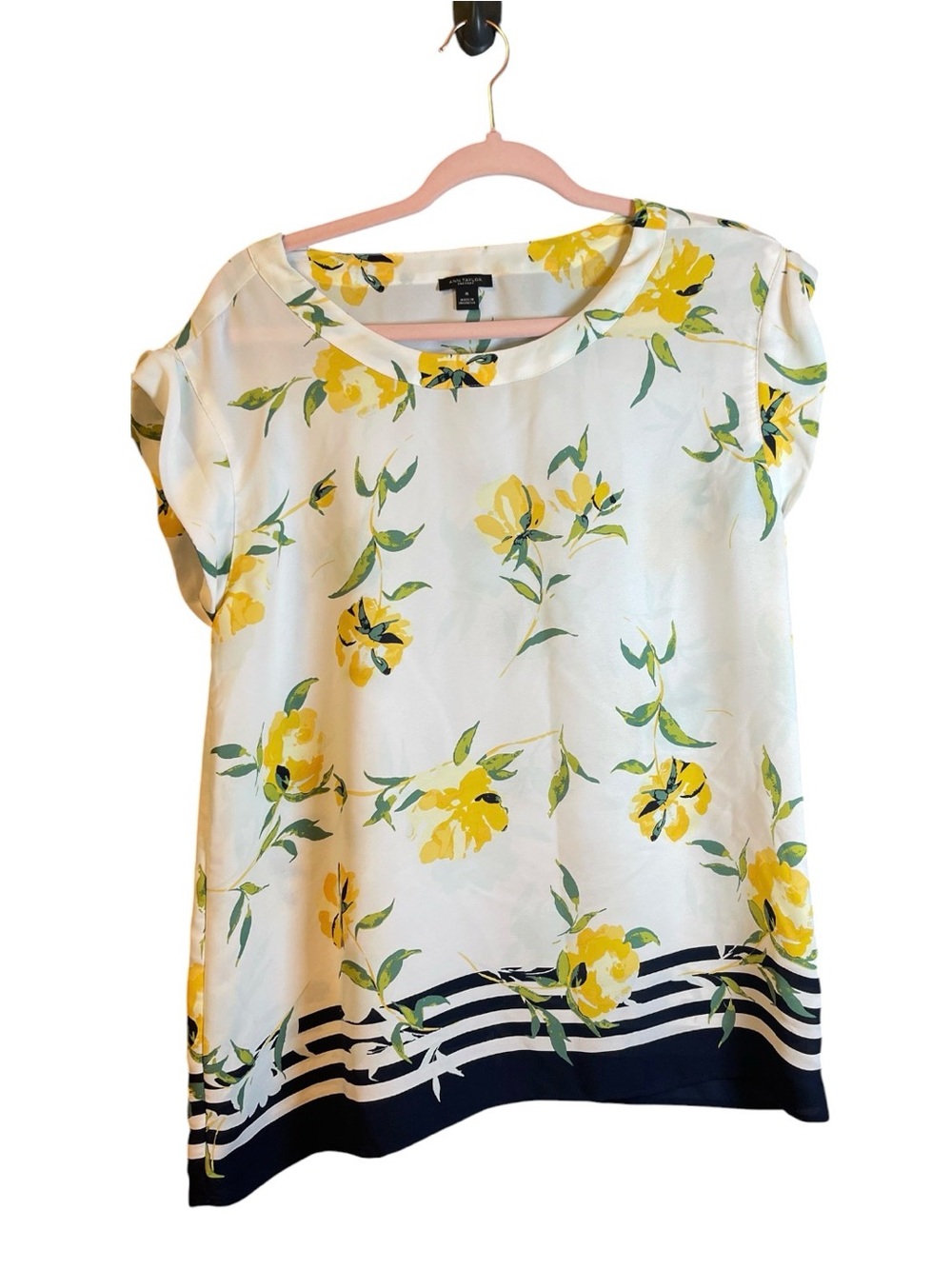 Ann Taylor Floral Short Sleeve Blouse in White and Yellow